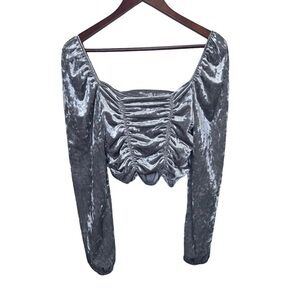 H&M Divided Ruched Long Sleeve Metallic Silver Cropped Top Size Medium